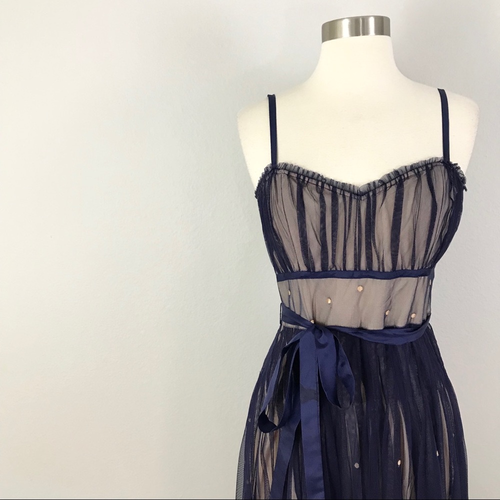 Odille Anthropologie 6 Dress Blue Mesh Embroidered - Picture 2 of 8